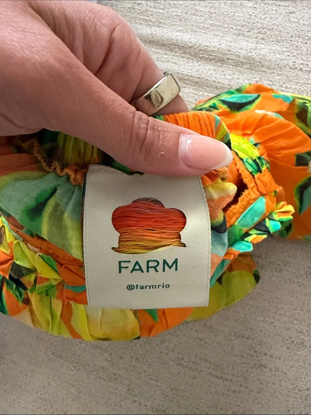 FARM Rio Orange Pear-Print Puff Sleeve Top